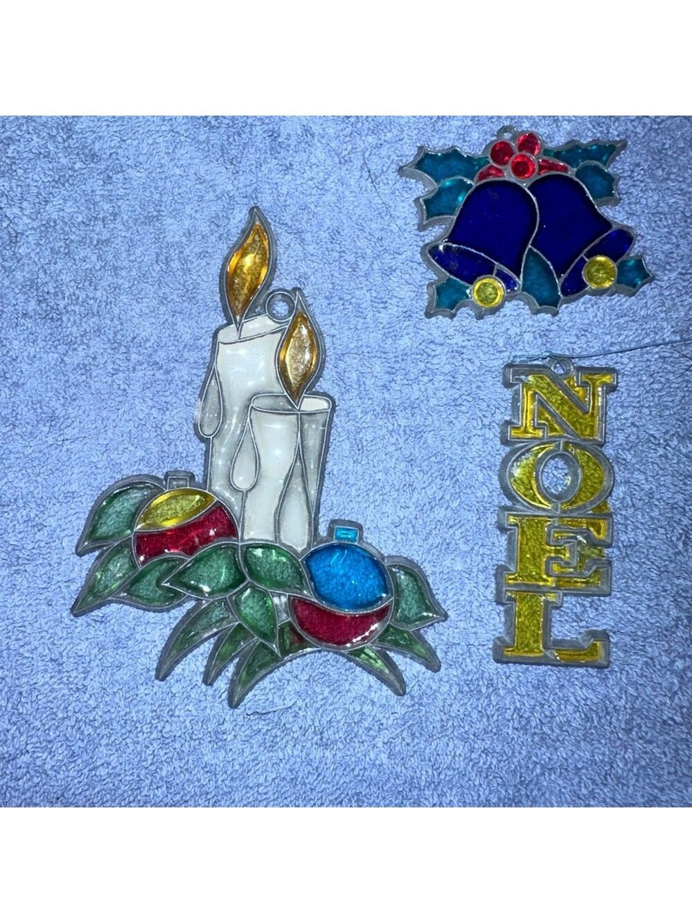 Vintage Christmas Themed Suncatcher Tree Ornaments Candle Noel Bells